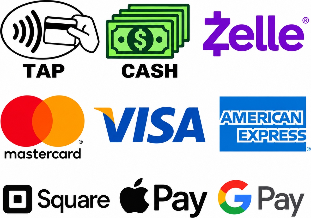 Accepted payment methods including Tap, Cash, Zelle, Mastercard, Visa, American Express, Square, Apple Pay, and Google Pay.